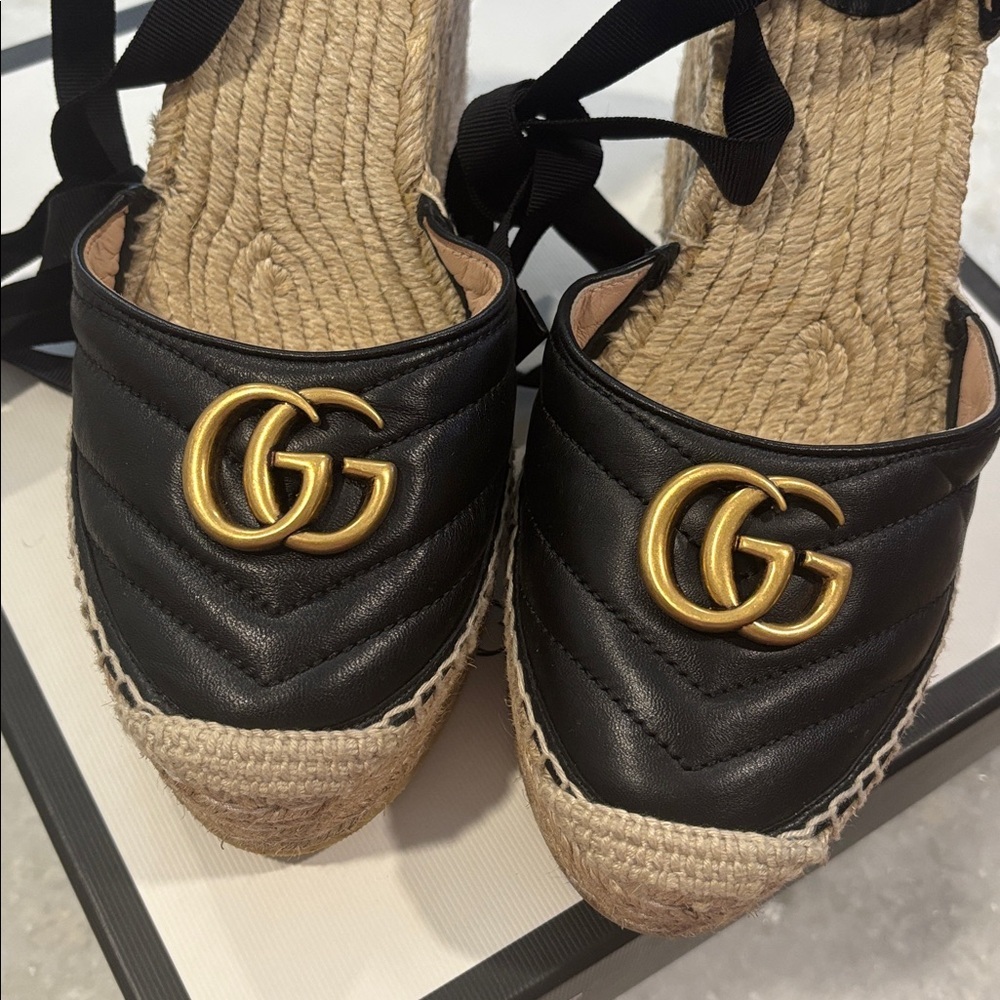 Gucci Black Matelasse Leather GG Marmont Espadrille Ankle-Tie Wedges - Picture 7 of 16